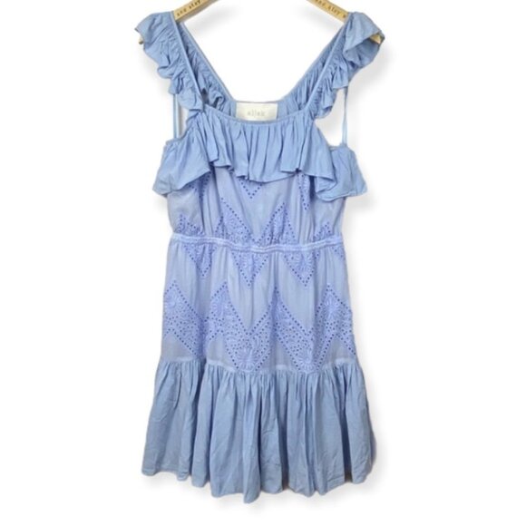 Revolve Aijek Maria Flutter Sleeve Mini Dress Blue Size 10 / 12 Ruffle Bohemian - Picture 2 of 10